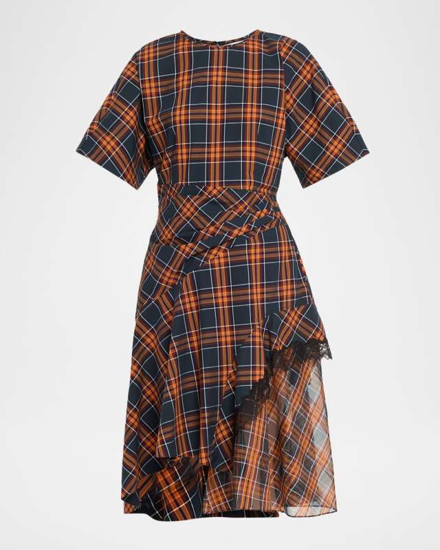 Draped Short-Sleeve Plaid Dress